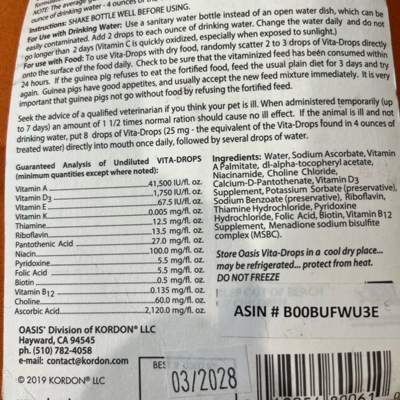 Oasis Vita Drops for Guinea Pigs - Essential Multivitamins - Picture 4 of 6